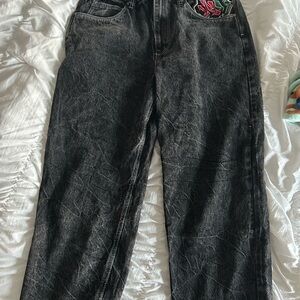 Men’s black embroidered jeans distressed